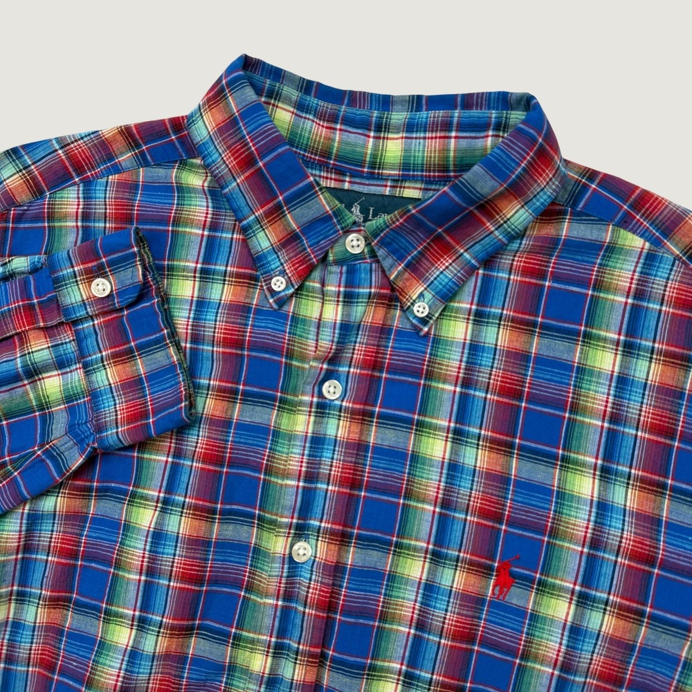 Ralph Lauren Mens L Button Down Shirt Blue Plaid Classic Fit Long Sleeve